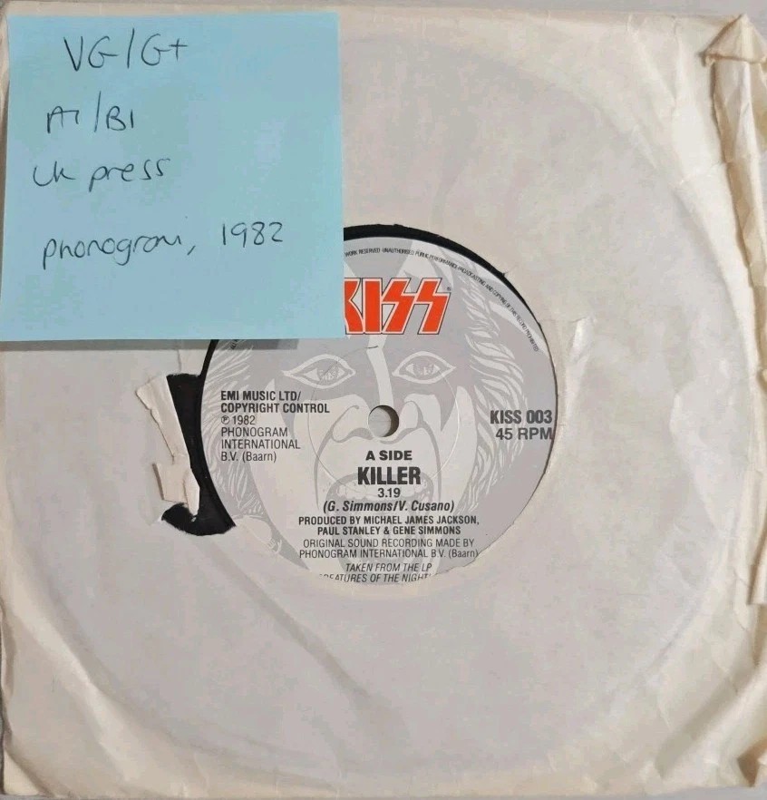 KISS Killer/ I Love It Loud Vinyl Record 7" VG/G+ KISS003 1982 sleeve KISS Killer/ I Love It Loud Vinyl Record 7" VG/G+ KISS003 1982 sleeve