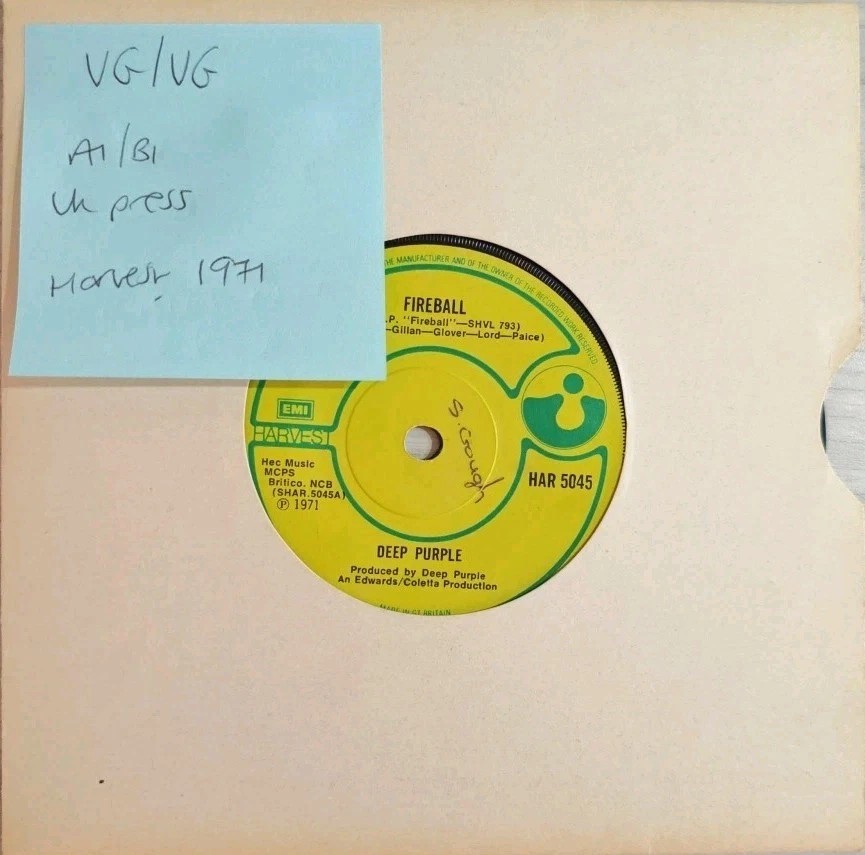 Deep Purple Fireball Vinyl Record 7" VG/VG HAR 5045 1971 vinyl record sleeve Deep Purple Fireball Vinyl Record 7" VG/VG HAR 5045 1971 vinyl record sleeve