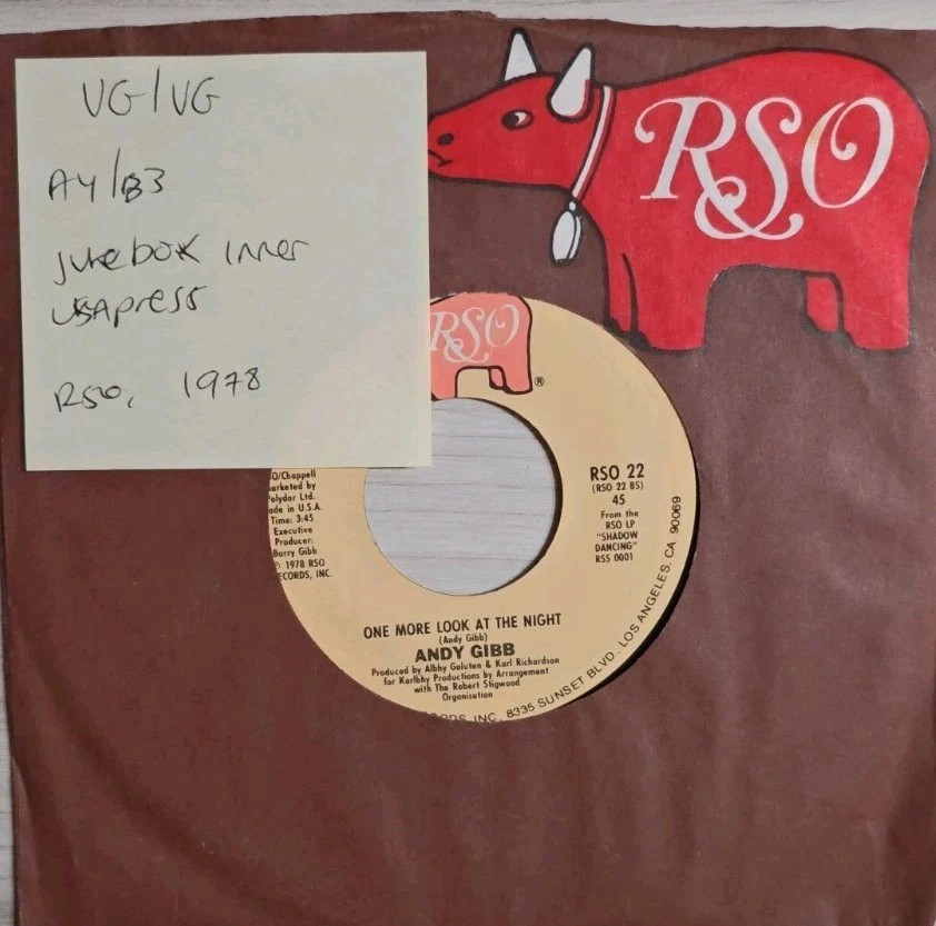 Andy Gibb One More Look At The Night Vinyl Record 7" VG/VG RSO 22 1978 sleeve Andy Gibb One More Look At The Night Vinyl Record 7" VG/VG RSO 22 1978 sleeve