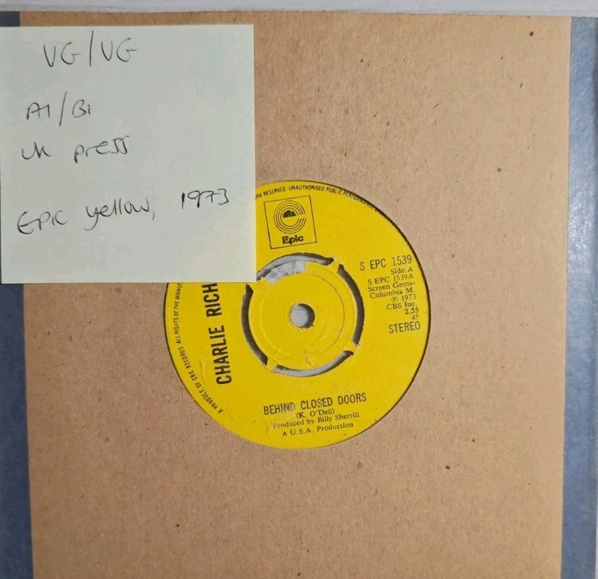 Charlie Rich Behind closed Doors Vinyl Record 7" VG/VG EPC 1539 vinyl record sleeve Charlie Rich Behind closed Doors Vinyl Record 7" VG/VG EPC 1539 vinyl record sleeve