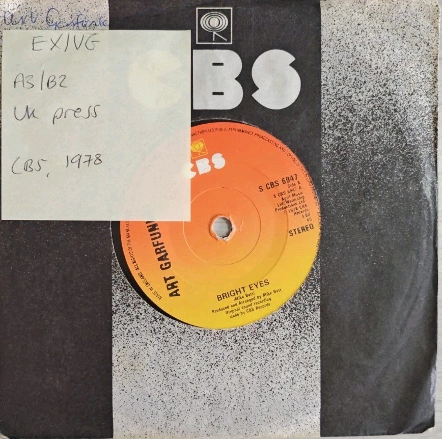 Art Garfunkel Bright Eyes Vinyl Record 7" EX/VG CBS 6947 1978 sleeve Art Garfunkel Bright Eyes Vinyl Record 7" EX/VG CBS 6947 1978 sleeve
