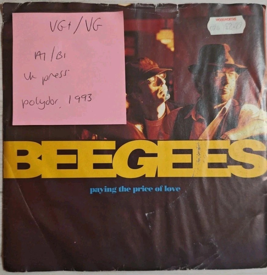 Bee Gees Paying The Price of Love Vinyl Record 7" VG+/VG PO284 1993 vinyl record sleeve Bee Gees Paying The Price of Love Vinyl Record 7" VG+/VG PO284 1993 vinyl record sleeve