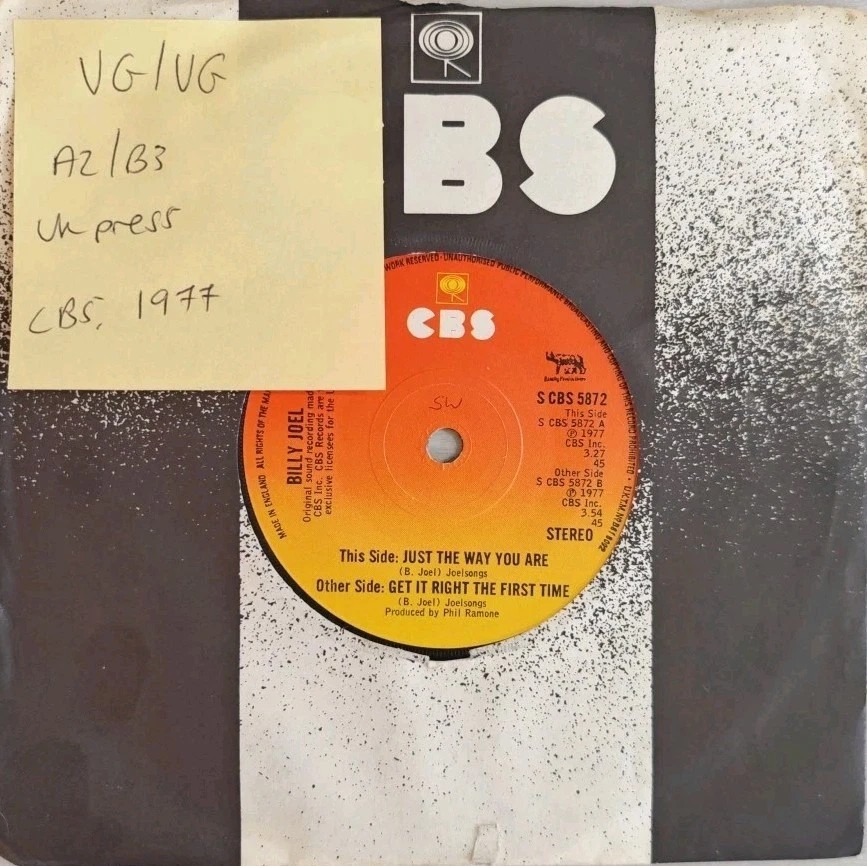 Billy Joel Just The Way You Are Vinyl Record 7" VG/VG CBS 5872 1977 sleeve Billy Joel Just The Way You Are Vinyl Record 7" VG/VG CBS 5872 1977 sleeve