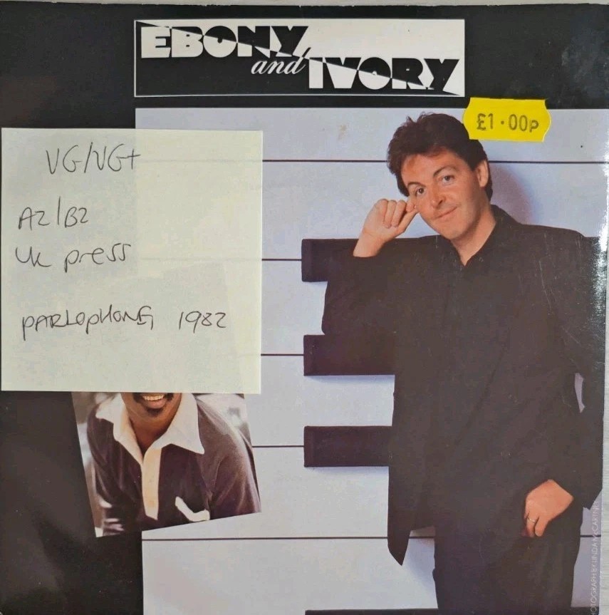 Paul McCartney Ebony And Ivory Vinyl Record 7" VG/VG+ R 6054 1982 sleeve Paul McCartney Ebony And Ivory Vinyl Record 7" VG/VG+ R 6054 1982 sleeve
