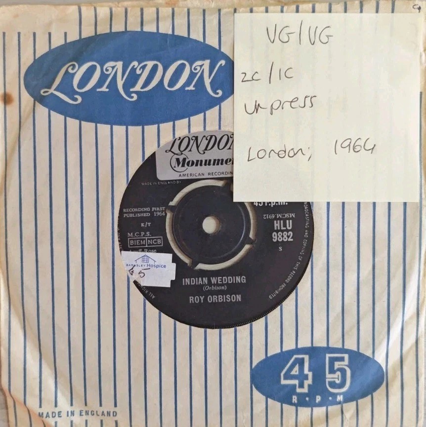 Roy Orbison It’s Over & Indian Wedding Vinyl Record 7" VG/VG HLU 9882 1964 sleeve Roy Orbison It’s Over & Indian Wedding Vinyl Record 7" VG/VG HLU 9882 1964 sleeve