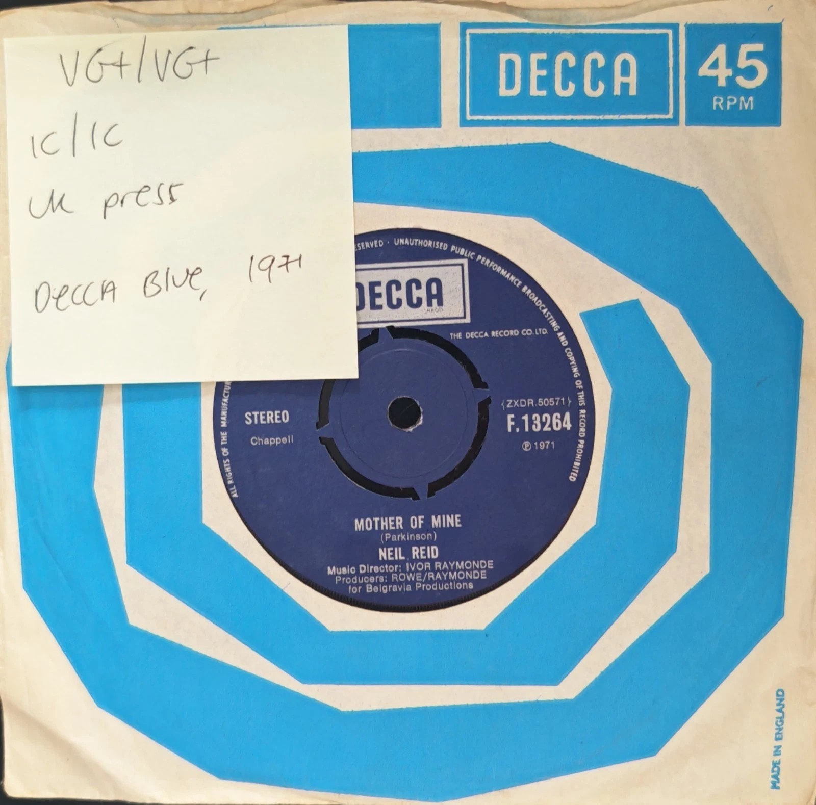 Neil Reid Mother Of Mine Vinyl Record 7" VG+/VG+ F 13264 1971 sleeve Neil Reid Mother Of Mine Vinyl Record 7" VG+/VG+ F 13264 1971 sleeve