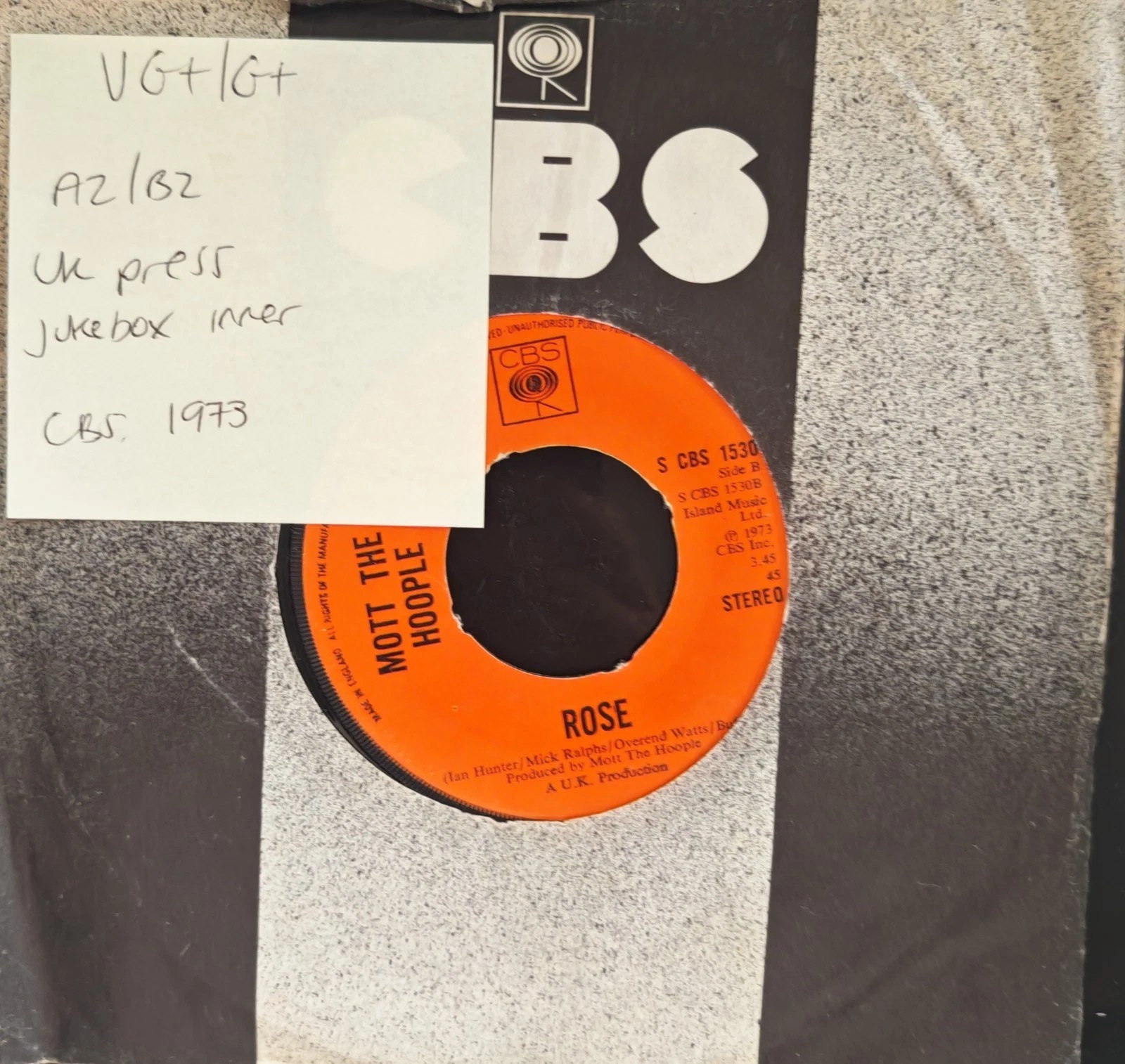 Mott The Hoople Honaloochie Boogie Vinyl Record 7" VG+/G+ CBS 1530 sleeve Mott The Hoople Honaloochie Boogie Vinyl Record 7" VG+/G+ CBS 1530 sleeve
