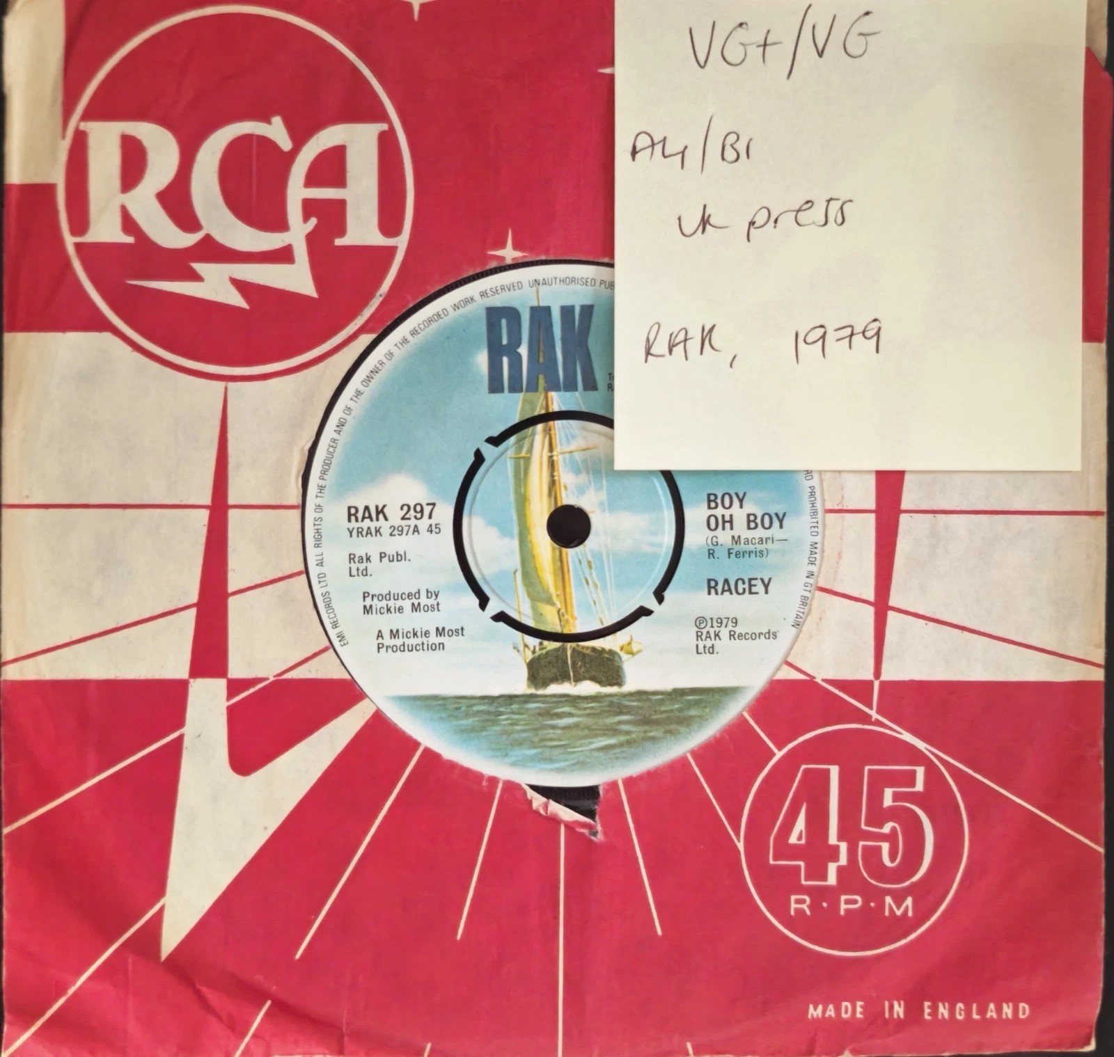 Racey Boy Oh Boy / Sensational Buzz Vinyl Record 7" VG+/VG RAK 297 sleeve Racey Boy Oh Boy / Sensational Buzz Vinyl Record 7" VG+/VG RAK 297 sleeve