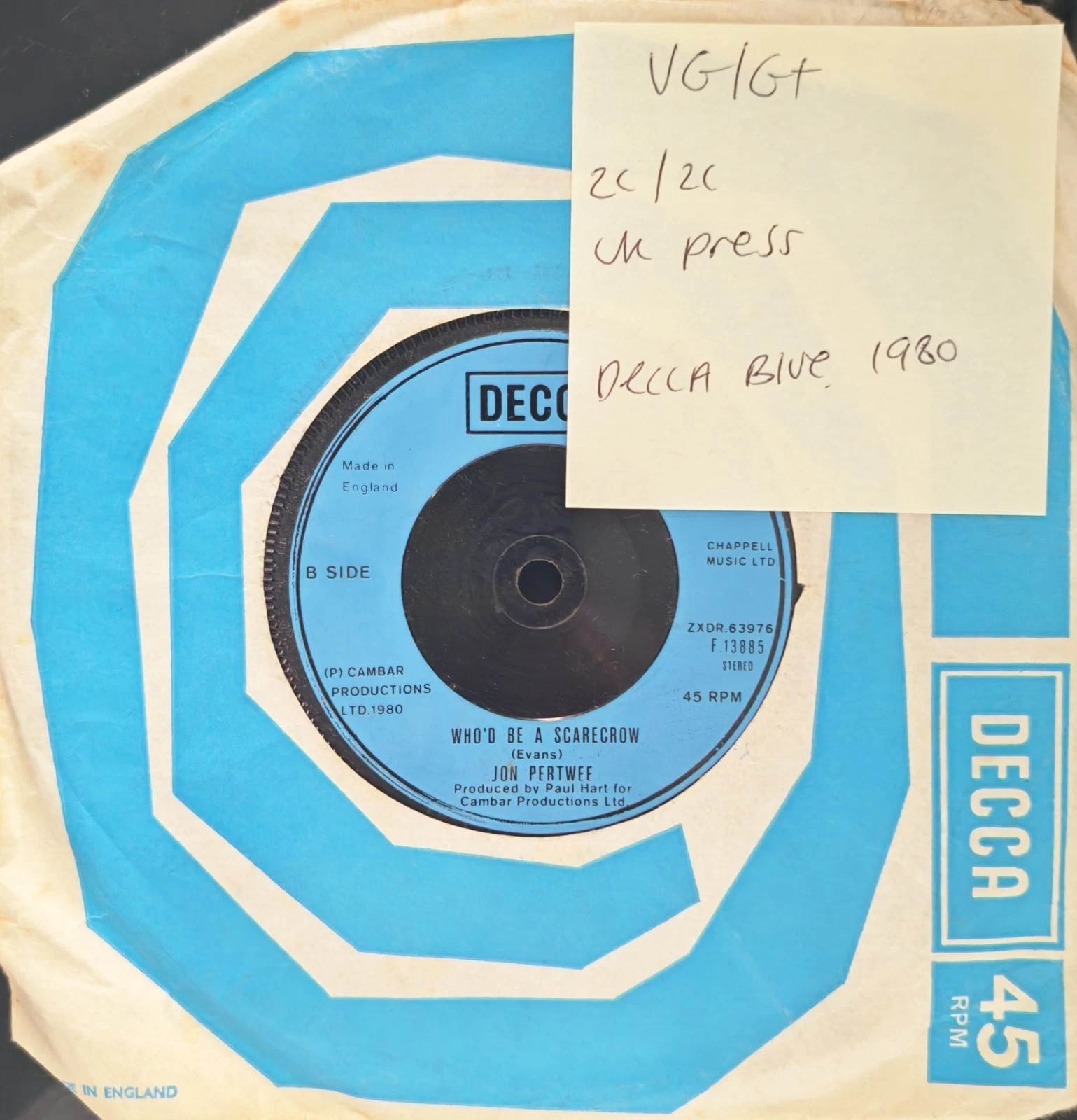 Jon Pertwee Worzel’s Song Vinyl Record 7" VG/G+ F13885 1980 sleeve Jon Pertwee Worzel’s Song Vinyl Record 7" VG/G+ F13885 1980 sleeve