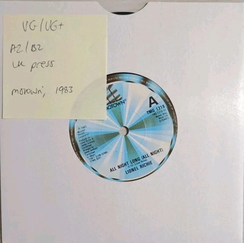 Lionel Ritchie All Night Long Vinyl Record 7" VG/VG+ TMG1319 1983 sleeve Lionel Ritchie All Night Long Vinyl Record 7" VG/VG+ TMG1319 1983 sleeve