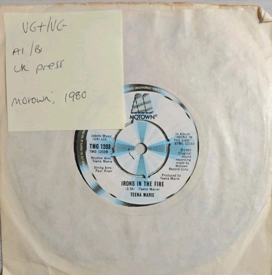 Teena Marie Irons In The Fire Vinyl Record 7" VG+/VG TMG 1203 sleeve Teena Marie Irons In The Fire Vinyl Record 7" VG+/VG TMG 1203 sleeve