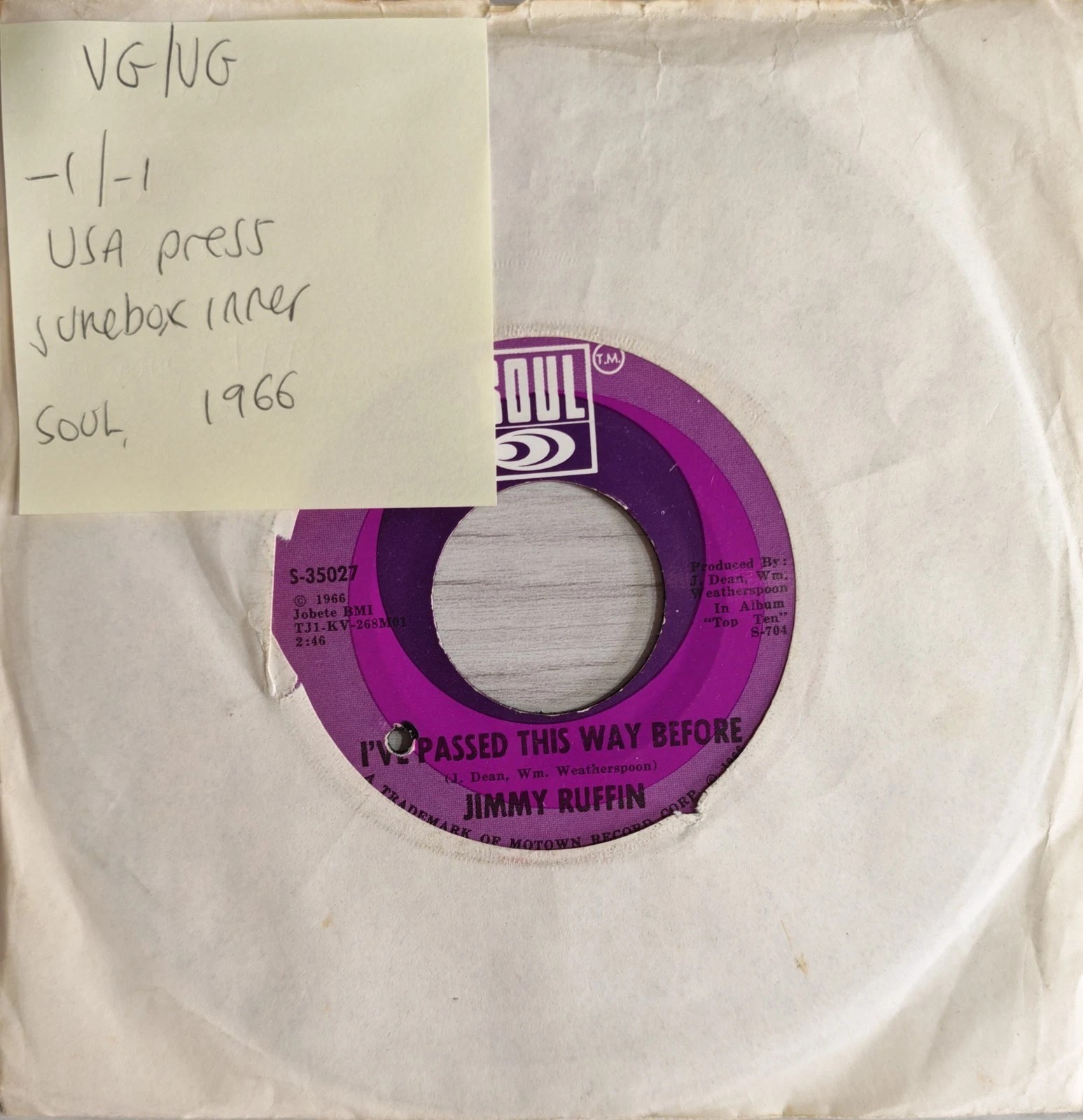 Jimmy Ruffin I've Passed This Way Before Vinyl Record 7" VG/VG 35027 sleeve Jimmy Ruffin I've Passed This Way Before Vinyl Record 7" VG/VG 35027 sleeve