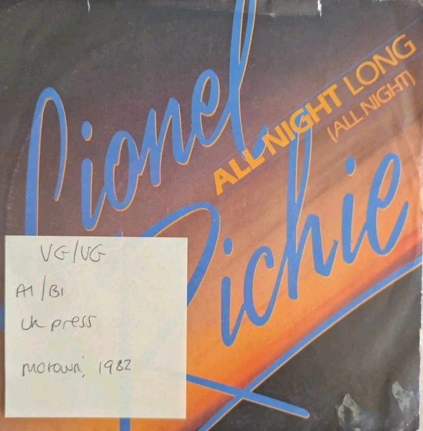 Lionel Richie All Night Long Vinyl Record 7" VG/VG TMG1319 1983 vinyl record sleeve Lionel Richie All Night Long Vinyl Record 7" VG/VG TMG1319 1983 vinyl record sleeve