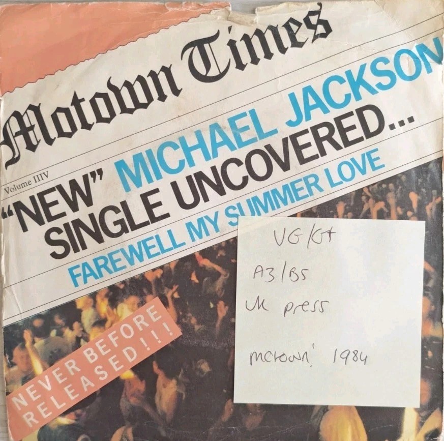 Michael Jackson Farewell My Summer Love Vinyl Record 7" VG/G+ TMG 1342 sleeve Michael Jackson Farewell My Summer Love Vinyl Record 7" VG/G+ TMG 1342 sleeve