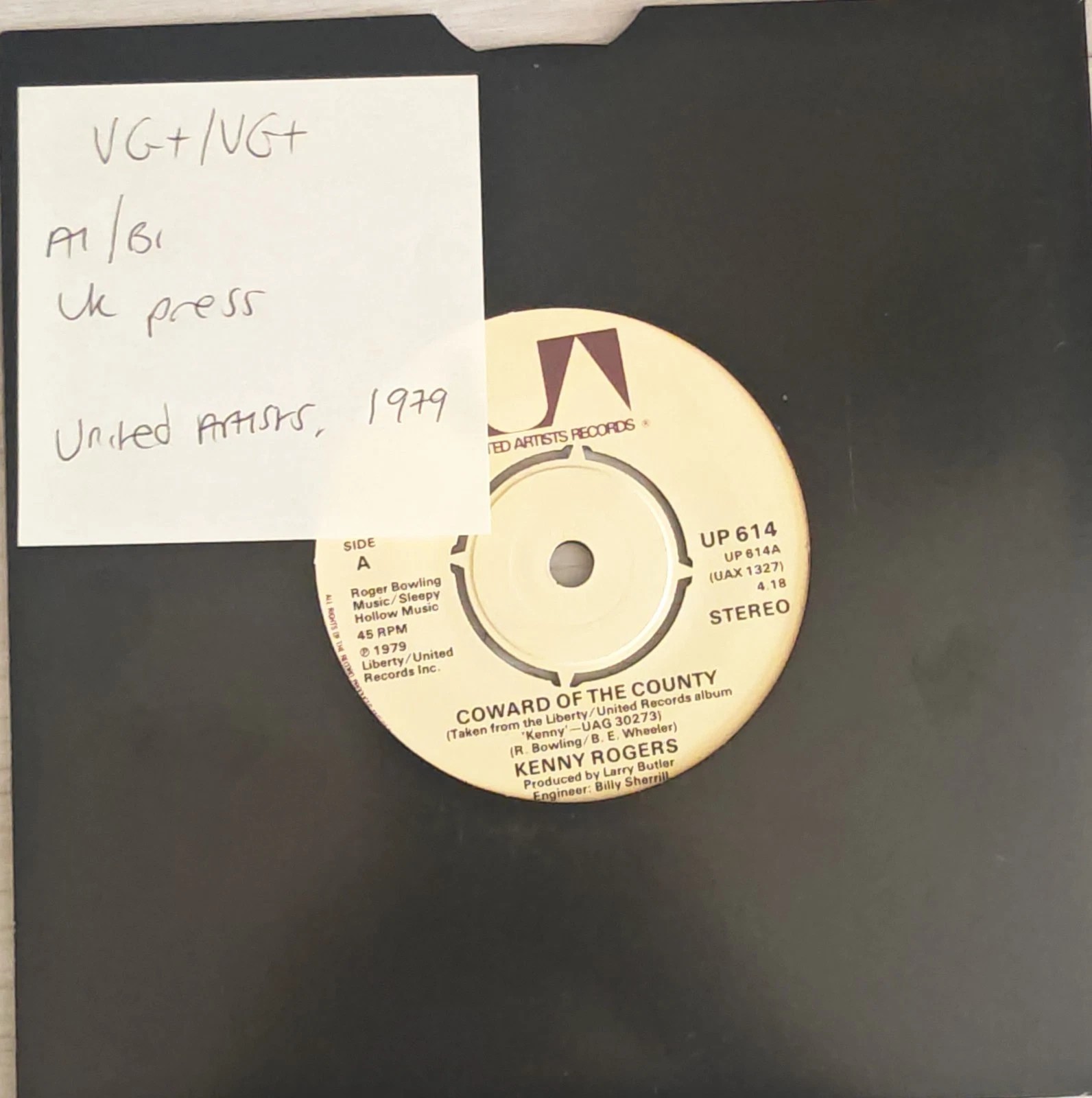 Kenny Rogers Coward Of The County Vinyl Record 7" VG+/VG+ UP614 1979 vinyl record sleeve Kenny Rogers Coward Of The County Vinyl Record 7" VG+/VG+ UP614 1979 vinyl record sleeve