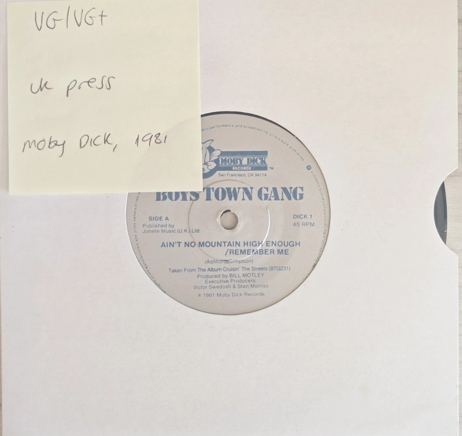 Boys Town Gang Ain’t No Mountain High Enough Vinyl Record 7" VG/VG+ DICK1 1981 sleeve Boys Town Gang Ain’t No Mountain High Enough Vinyl Record 7" VG/VG+ DICK1 1981 sleeve
