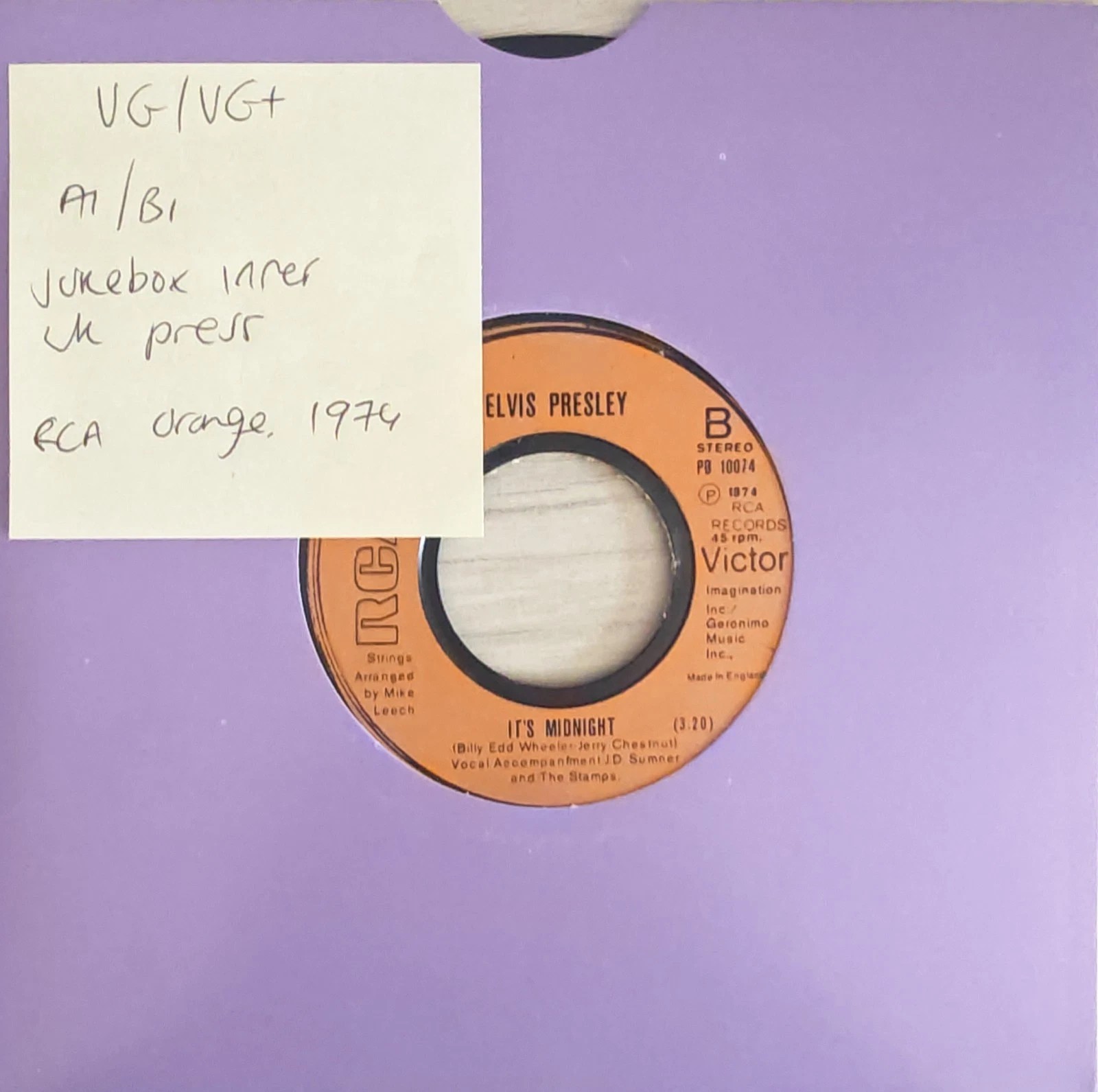 Elvis Presley Promised Land / It's Midnight Vinyl Record 7" VG/VG+ PB 10074 1974 sleeve Elvis Presley Promised Land / It's Midnight Vinyl Record 7" VG/VG+ PB 10074 1974 sleeve