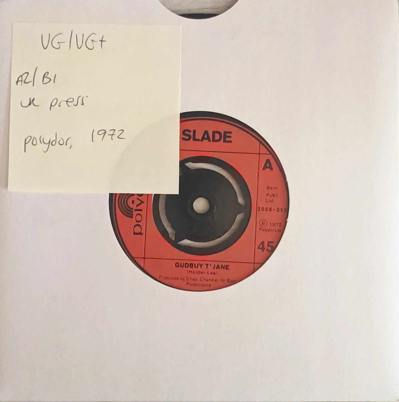 Slade Gudbuy T'Jane Vinyl Record 7" VG/VG+ 2058312 1972 sleeve Slade Gudbuy T'Jane Vinyl Record 7" VG/VG+ 2058312 1972 sleeve