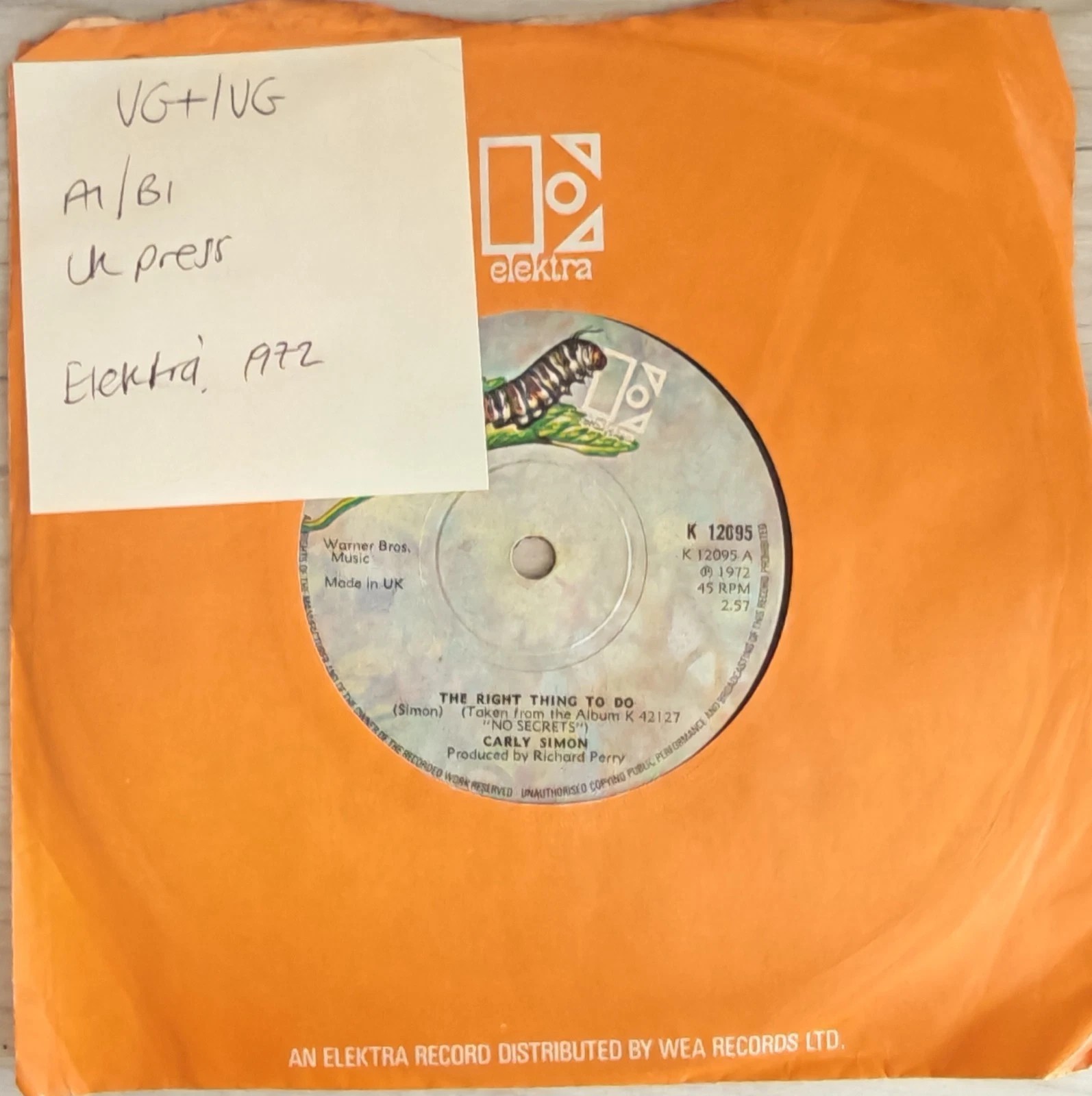 Carly Simon The Right Thing To Do Vinyl Record 7" VG+/VG K 12095 1972 sleeve Carly Simon The Right Thing To Do Vinyl Record 7" VG+/VG K 12095 1972 sleeve
