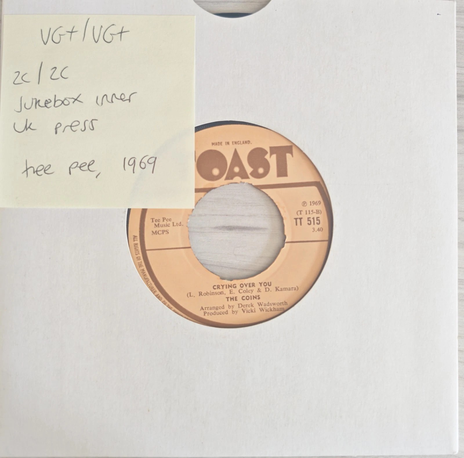 The Coins Crying Over You Vinyl Record 7" VG+/VG+ TT515 1969 sleeve The Coins Crying Over You Vinyl Record 7" VG+/VG+ TT515 1969 sleeve
