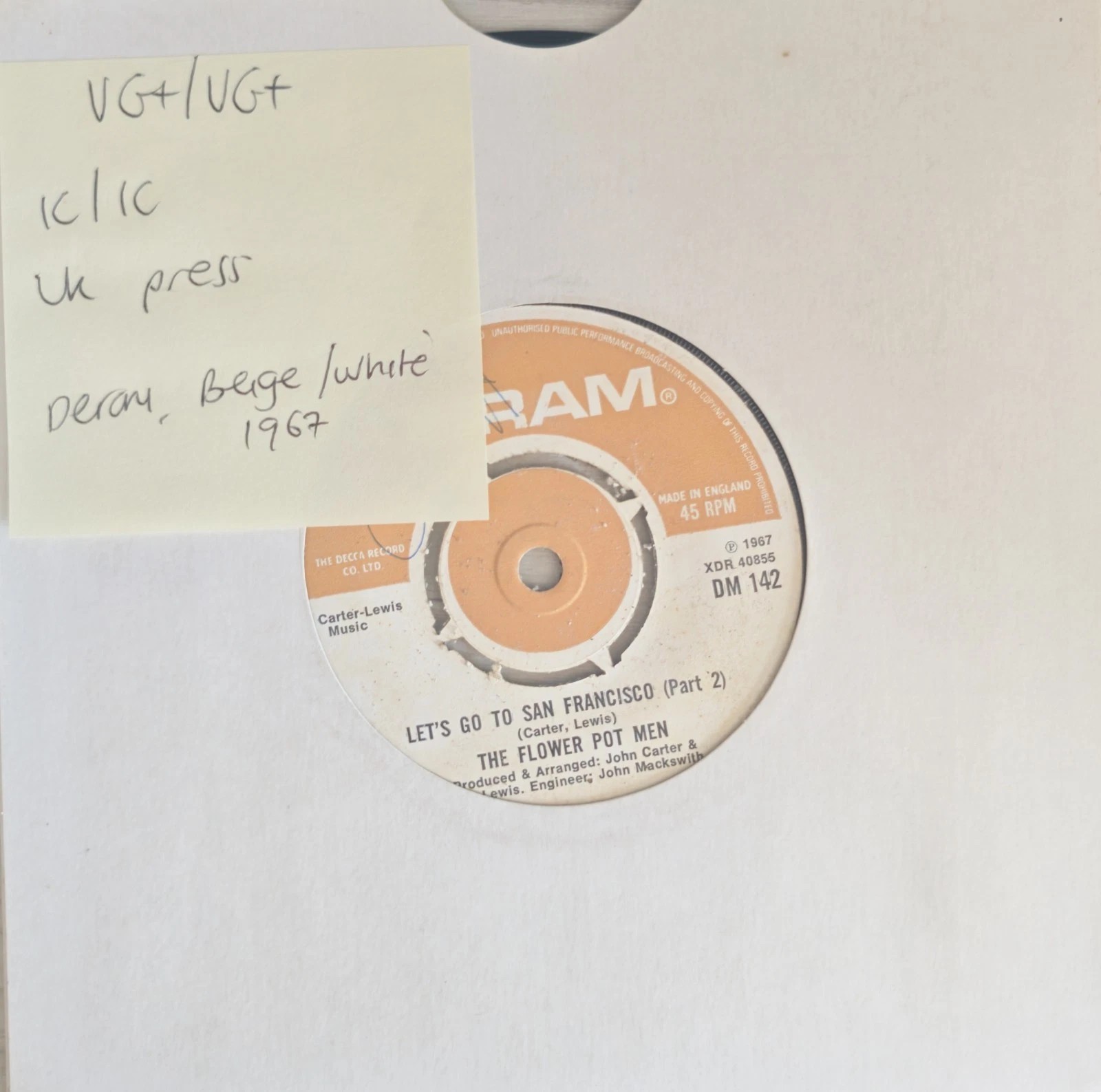 The Flower Pot Men Lets Go To San Fransisco Vinyl Record 7" VG+/VG+ DM 142 1967 sleeve The Flower Pot Men Lets Go To San Fransisco Vinyl Record 7" VG+/VG+ DM 142 1967 sleeve
