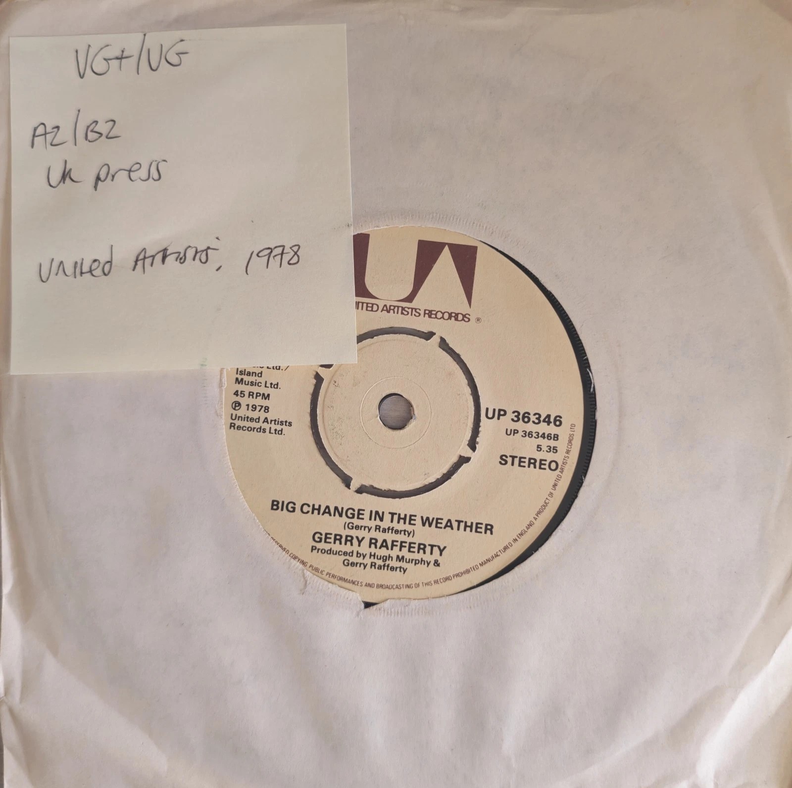 Gerry Rafferty Baker Street Vinyl Record 7" VG+/VG UP36346 1978 sleeve Gerry Rafferty Baker Street Vinyl Record 7" VG+/VG UP36346 1978 sleeve
