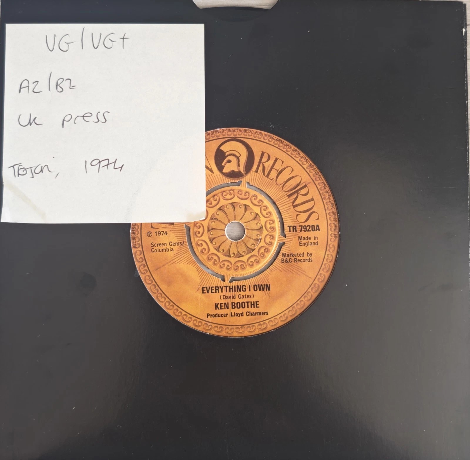 Ken Boothe Everything I Own Vinyl Record 7" VG/VG+ TR.7920 1974 sleeve Ken Boothe Everything I Own Vinyl Record 7" VG/VG+ TR.7920 1974 sleeve