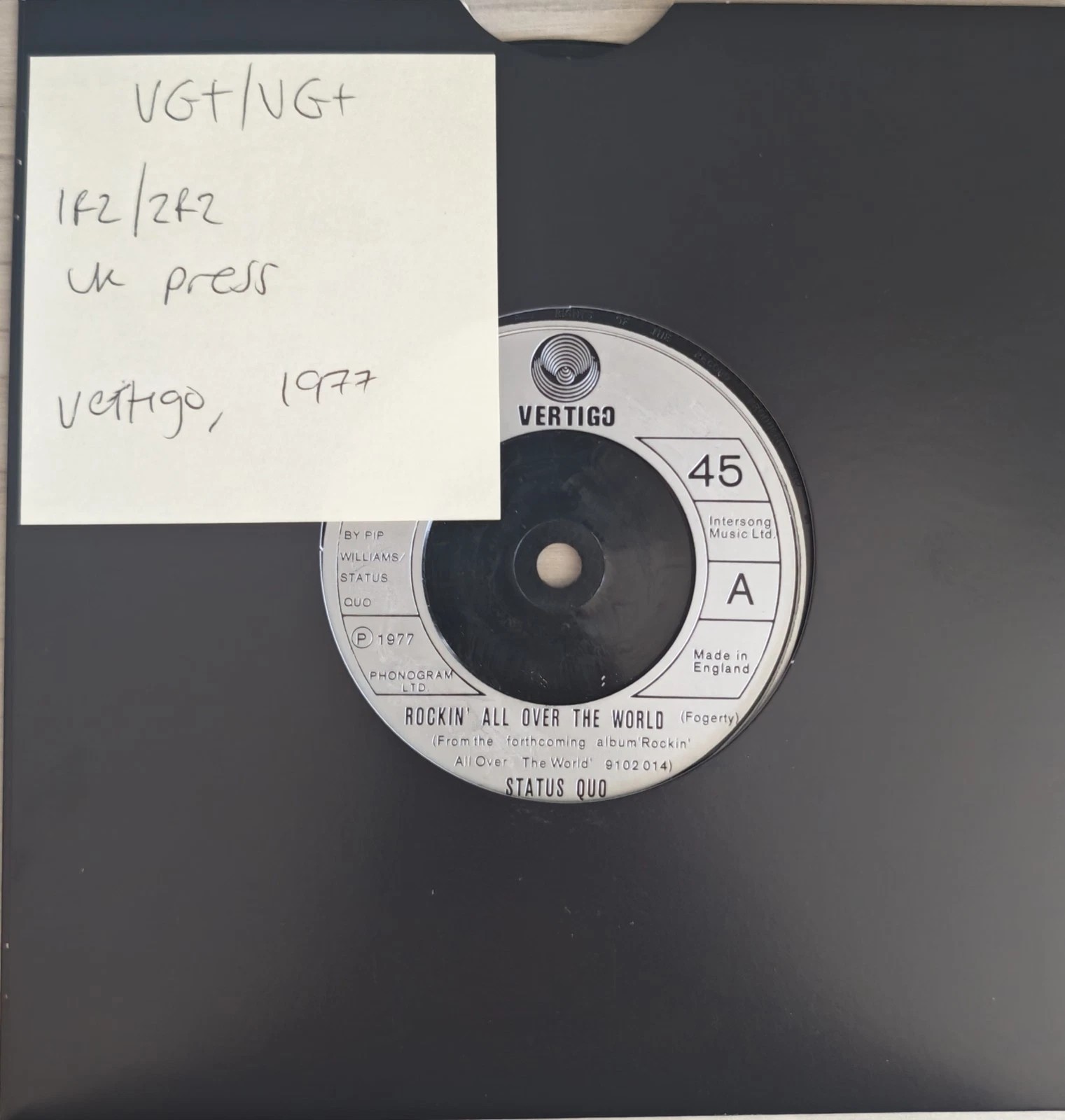 Status Quo Rockin' All Over The World Vinyl Record 7" VG+/VG+ 6059184 sleeve Status Quo Rockin' All Over The World Vinyl Record 7" VG+/VG+ 6059184 sleeve