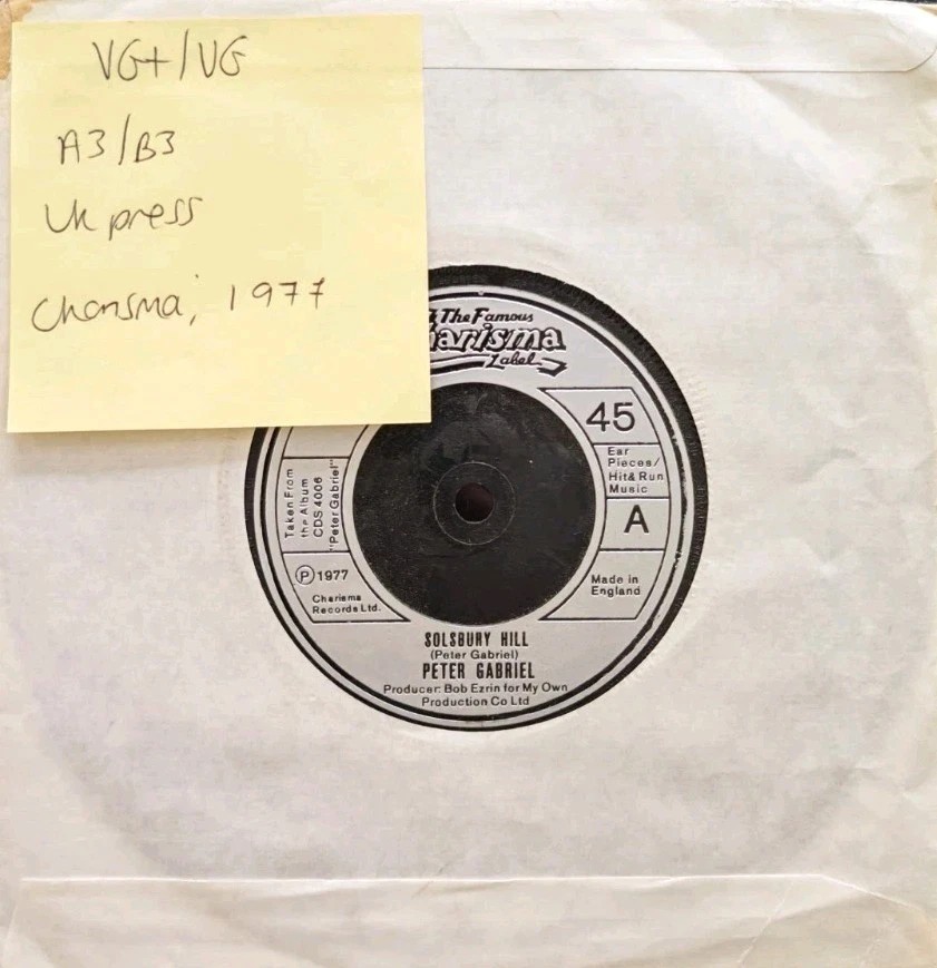 Peter Gabriel Solsbury Hill Vinyl Record 7" VG+/VG CB301 1977 vinyl record sleeve Peter Gabriel Solsbury Hill Vinyl Record 7" VG+/VG CB301 1977 vinyl record sleeve