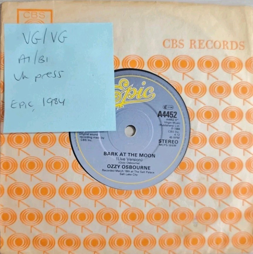 Ozzy Osbourne So Tired/Bark At The Moon Vinyl Record 7" VG/VG A4452 1984 sleeve Ozzy Osbourne So Tired/Bark At The Moon Vinyl Record 7" VG/VG A4452 1984 sleeve