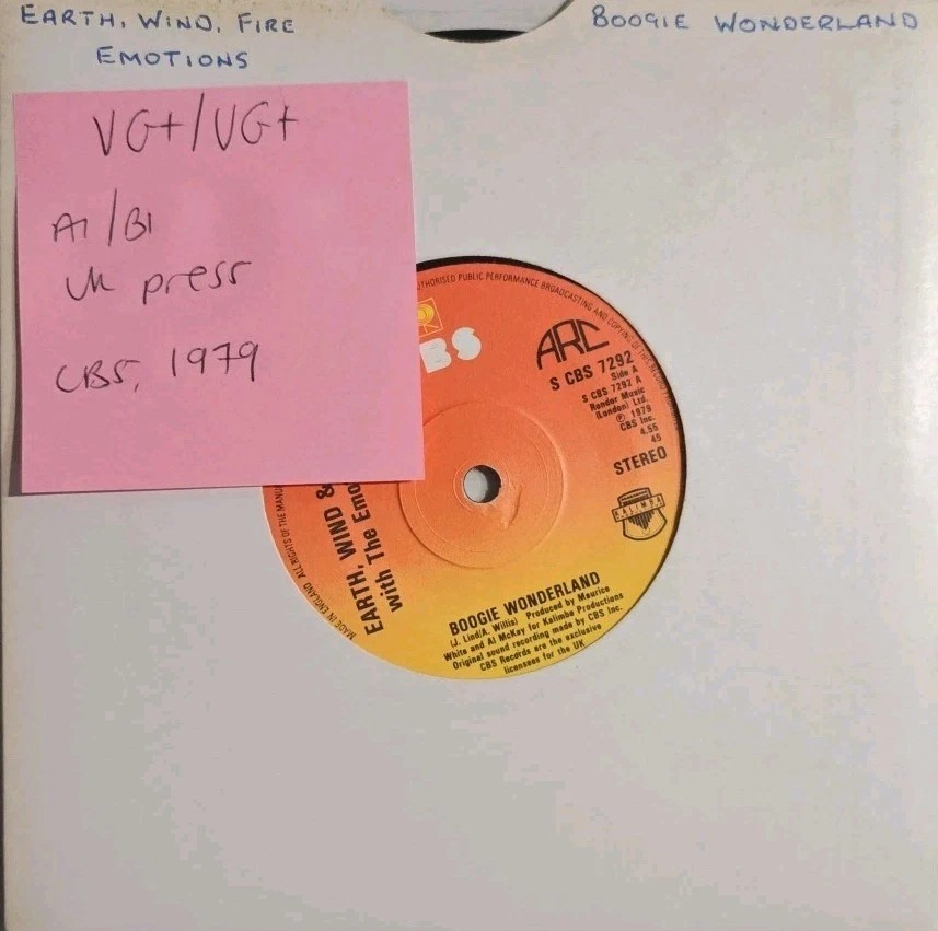 Earth Wind & Fire Boogie Wonderland Vinyl Record 7" VG+/VG+ CBS 7292 sleeve Earth Wind & Fire Boogie Wonderland Vinyl Record 7" VG+/VG+ CBS 7292 sleeve