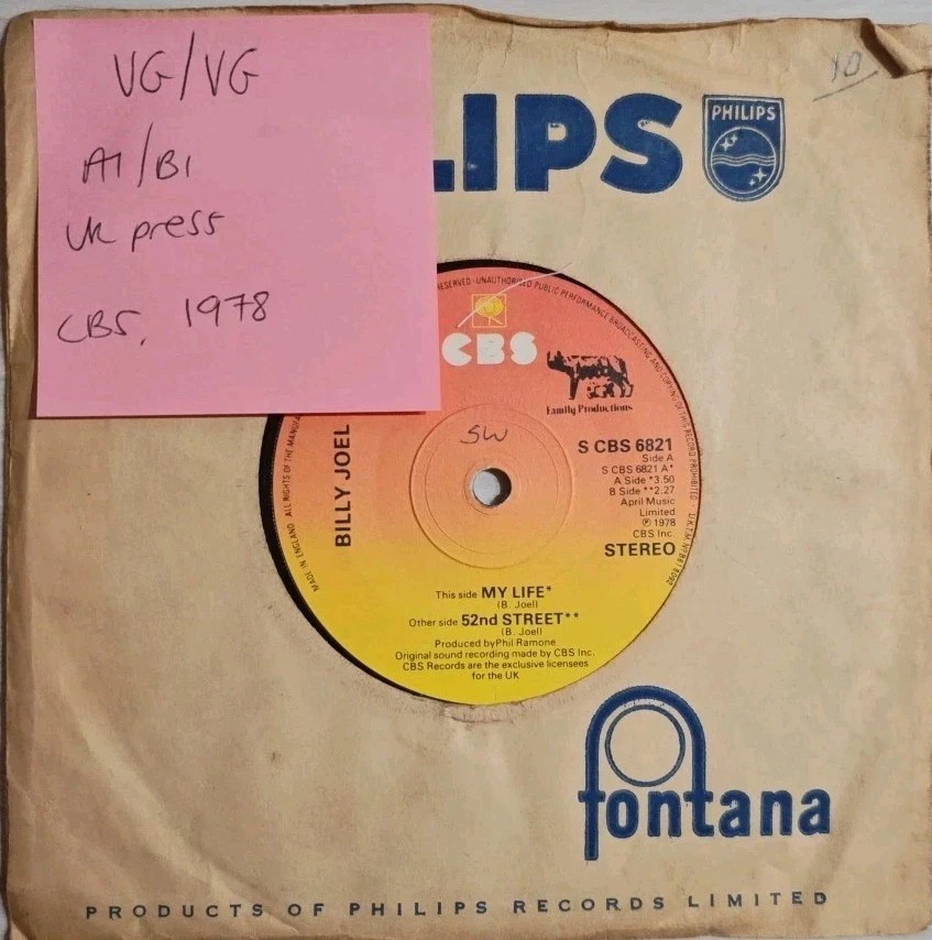 Billy Joel My Life Vinyl Record 7" VG/VG CBS 6821 1978 sleeve Billy Joel My Life Vinyl Record 7" VG/VG CBS 6821 1978 sleeve