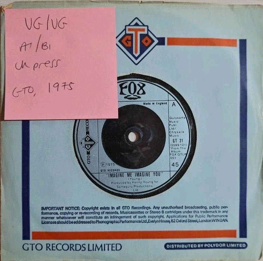 Fox Imagine Me Imagine You Vinyl Record 7" VG/VG GT 21 1975 sleeve Fox Imagine Me Imagine You Vinyl Record 7" VG/VG GT 21 1975 sleeve