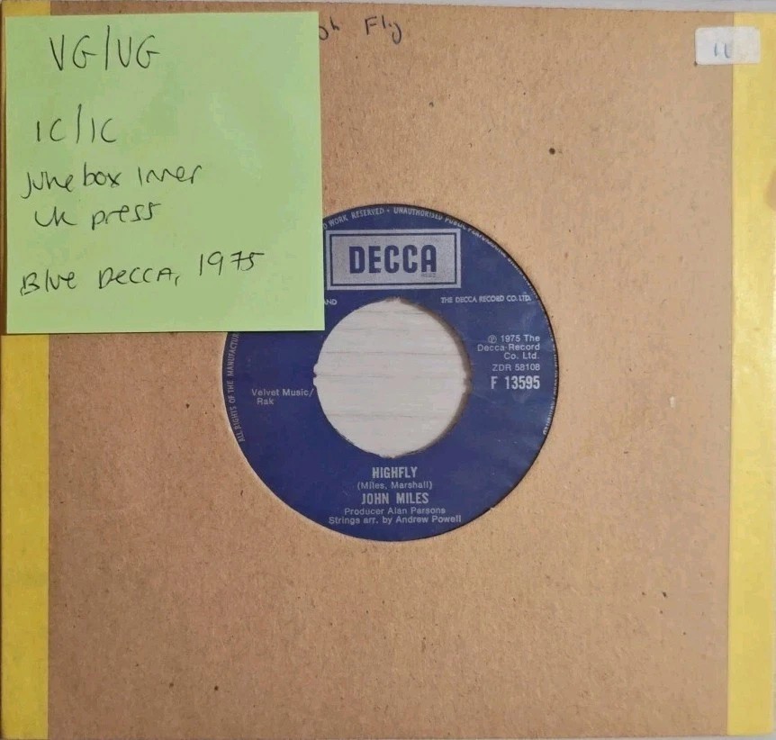 John Miles Highly Vinyl Record 7" VG/VG F 13595 1975 sleeve John Miles Highly Vinyl Record 7" VG/VG F 13595 1975 sleeve