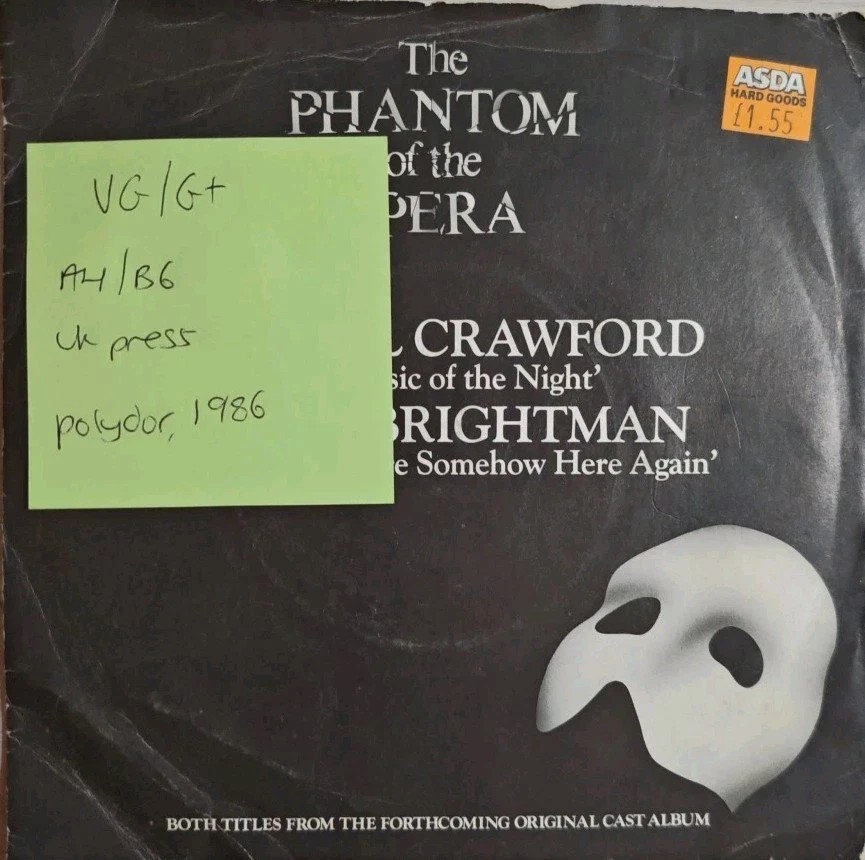 Michael Crawford Music Of The Night Vinyl Record 7" VG/G+ POSP803 1986 sleeve Michael Crawford Music Of The Night Vinyl Record 7" VG/G+ POSP803 1986 sleeve