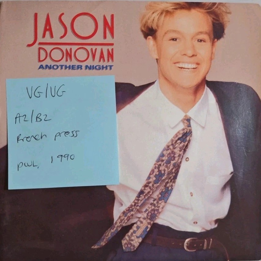 Jason Donovan Another Night Vinyl Record 7" VG/VG PWL 58 1990 sleeve Jason Donovan Another Night Vinyl Record 7" VG/VG PWL 58 1990 sleeve