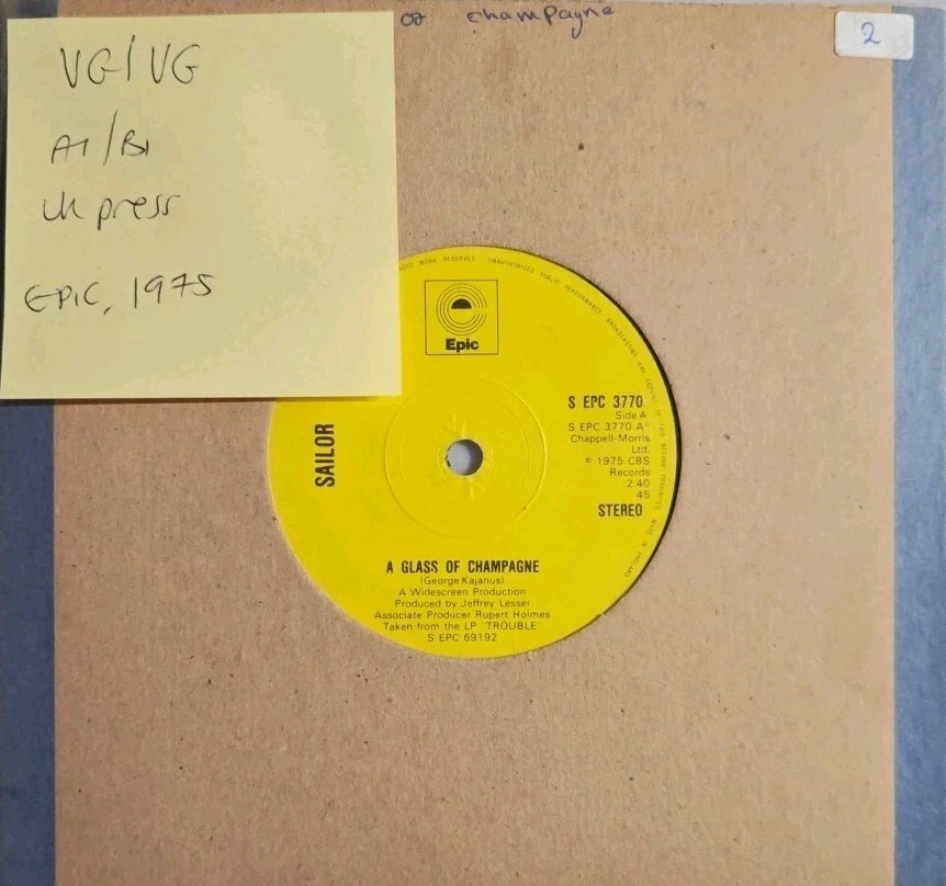 Sailor A Glass Of Champagne / Panama Vinyl Record 7" VG/VG S EPC 3770 1975 sleeve Sailor A Glass Of Champagne / Panama Vinyl Record 7" VG/VG S EPC 3770 1975 sleeve