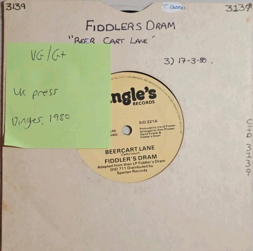 Fiddler's Dram Beercart Lane Vinyl Record 7" VG/G+ SID221 1980 sleeve Fiddler's Dram Beercart Lane Vinyl Record 7" VG/G+ SID221 1980 sleeve
