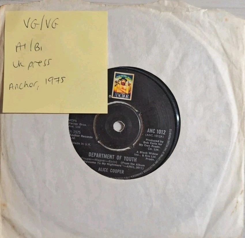 Alice Cooper Department Of Youth / Cold Ethyl Vinyl Record 7" VG/VG ANC1012 1975 sleeve Alice Cooper Department Of Youth / Cold Ethyl Vinyl Record 7" VG/VG ANC1012 1975 sleeve