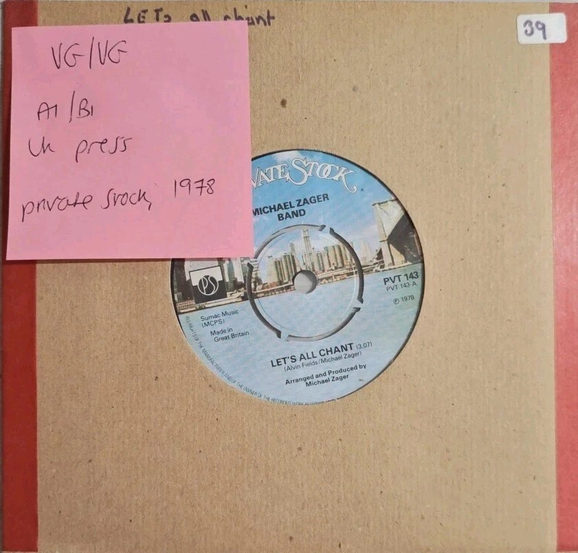 Michael Zager Band Let's All Chant Love Express Vinyl Record 7" VG/VG PVT 143 sleeve Michael Zager Band Let's All Chant Love Express Vinyl Record 7" VG/VG PVT 143 sleeve