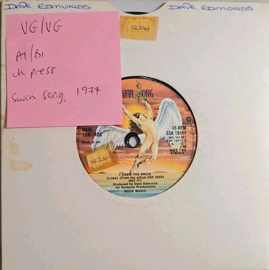 Dave Edmunds I Knew The Bride Vinyl Record 7" VG/VG SSK19411 1977 sleeve Dave Edmunds I Knew The Bride Vinyl Record 7" VG/VG SSK19411 1977 sleeve