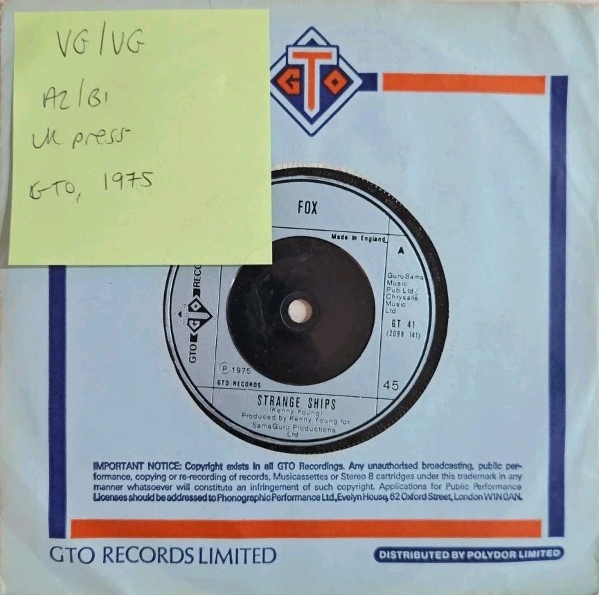 Fox Strange Ships Vinyl Record 7" VG/VG GT41 1975 sleeve Fox Strange Ships Vinyl Record 7" VG/VG GT41 1975 sleeve
