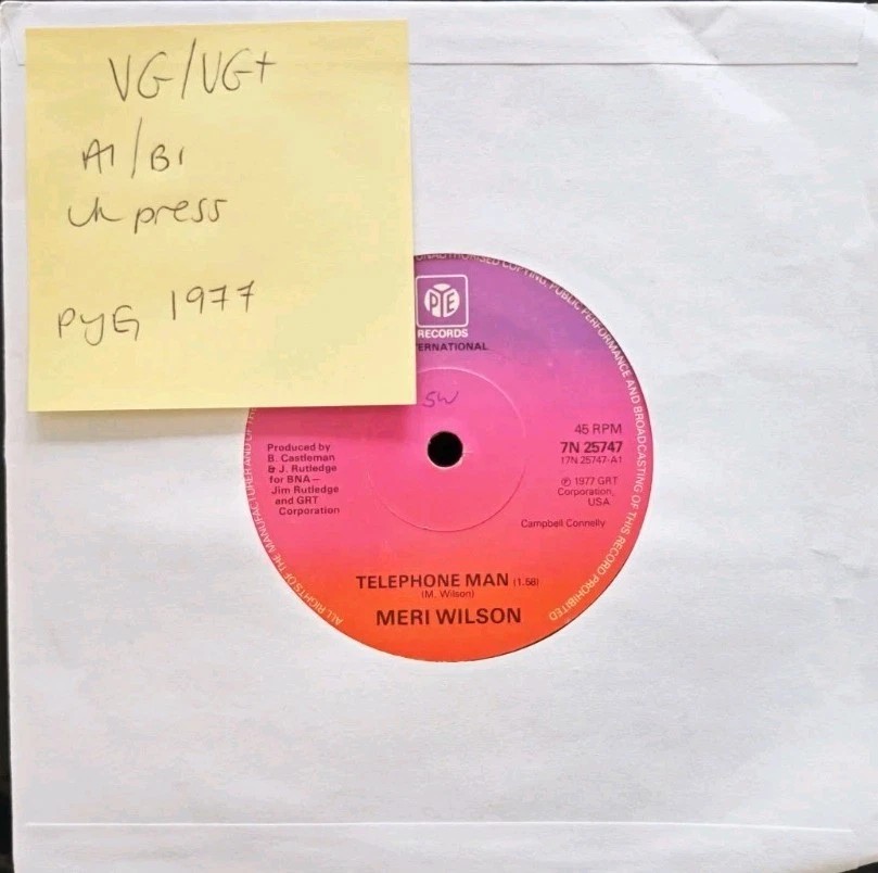 Meri Wilson Telephone Man / Itinerary Vinyl Record 7" VG/VG+ 7N 25747 1977 sleeve Meri Wilson Telephone Man / Itinerary Vinyl Record 7" VG/VG+ 7N 25747 1977 sleeve