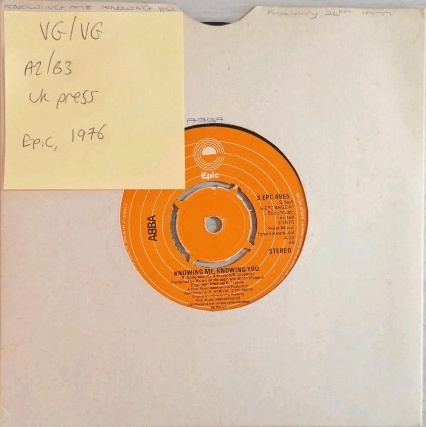 ABBA Knowing Me Knowing You Vinyl Record 7" VG/VG EPC4955 1976 sleeve ABBA Knowing Me Knowing You Vinyl Record 7" VG/VG EPC4955 1976 sleeve