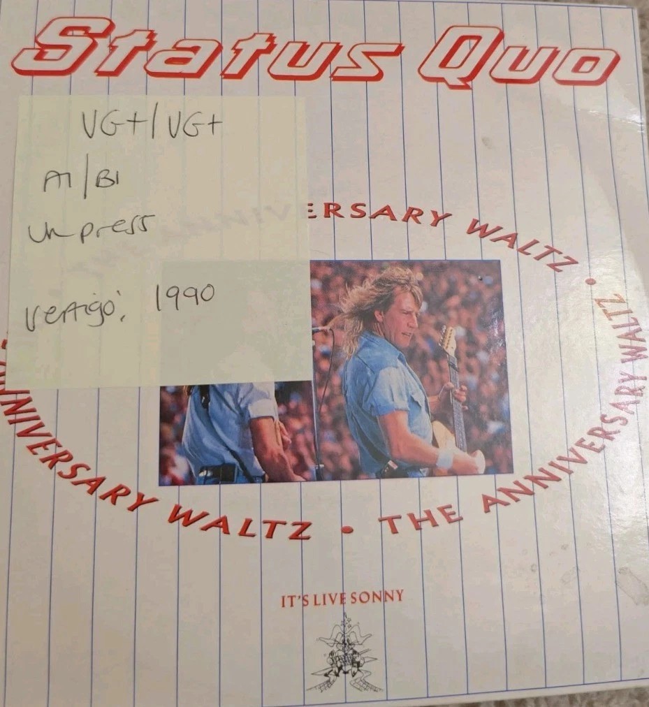 Status Quo The Anniversary Waltz Vinyl Record 7" VG+/VG+ QUO28 1990 sleeve Status Quo The Anniversary Waltz Vinyl Record 7" VG+/VG+ QUO28 1990 sleeve