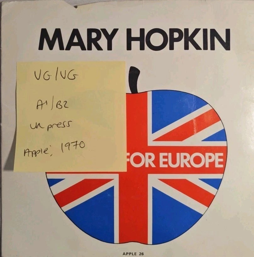 Mary Hopkin A Song For Europe Vinyl Record 7" VG/VG APPLE26 1970 sleeve Mary Hopkin A Song For Europe Vinyl Record 7" VG/VG APPLE26 1970 sleeve