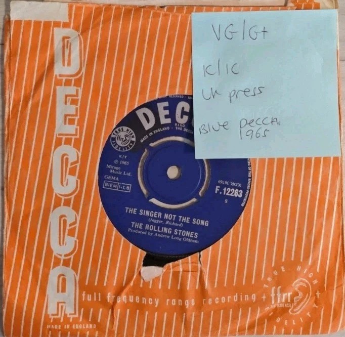 The Rolling Stones The Singer Not The Song Vinyl Record 7" VG/G+ F12263 1965 vinyl record sleeve The Rolling Stones The Singer Not The Song Vinyl Record 7" VG/G+ F12263 1965 vinyl record sleeve