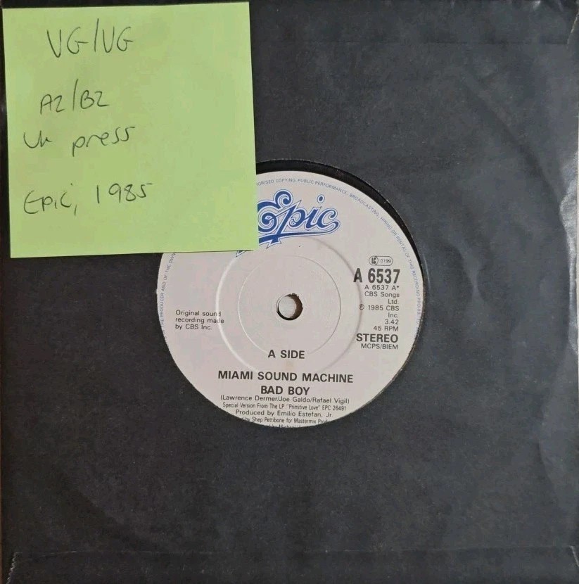 Miami Sound Machine Bad Boy Vinyl Record 7" VG/VG A6537 1985 sleeve Miami Sound Machine Bad Boy Vinyl Record 7" VG/VG A6537 1985 sleeve