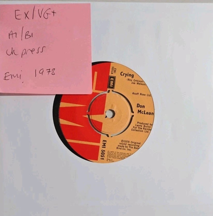 Don McLean Crying Vinyl Record 7" EX/VG+ EMI 5051 1978 sleeve Don McLean Crying Vinyl Record 7" EX/VG+ EMI 5051 1978 sleeve