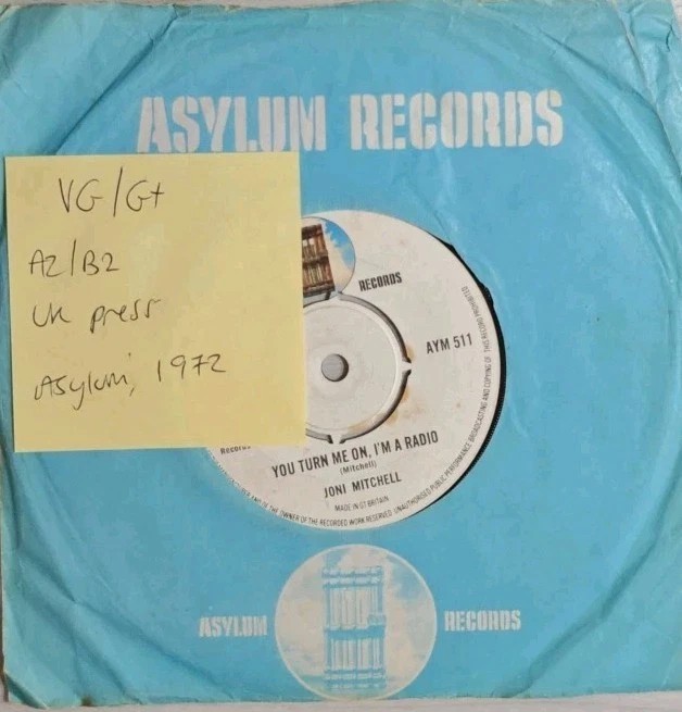 Joni Mitchell You Turn Me On I'm A Radio Vinyl Record 7" VG/G+ K13048 1972 vinyl record sleeve Joni Mitchell You Turn Me On I'm A Radio Vinyl Record 7" VG/G+ K13048 1972 vinyl record sleeve